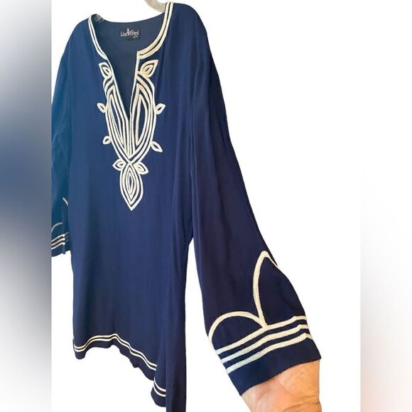 Liza Byrd Sz M Navy Blue White Outline Ribbon Trim Cotton Shift Dress - Picture 3 of 8